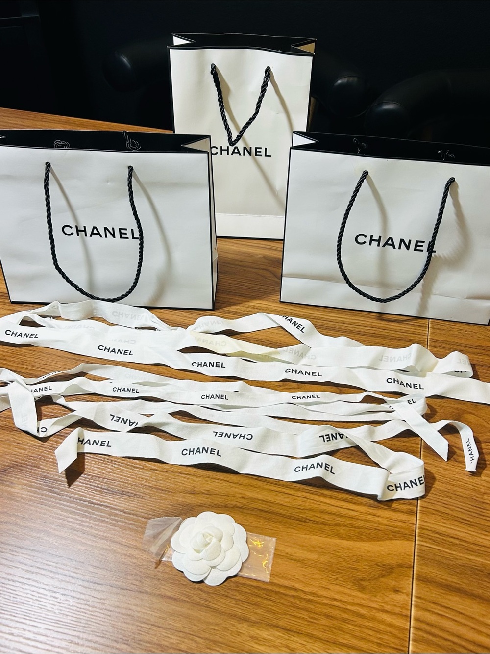 CHANEL 3 shopping bag set 3 White Ribbon and Camellia flower Set